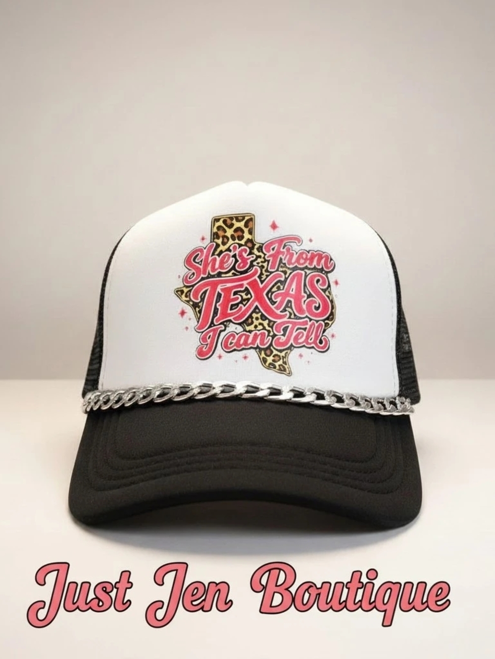 She's From Texas Leopard Print Trucker Hat - Pink & Black